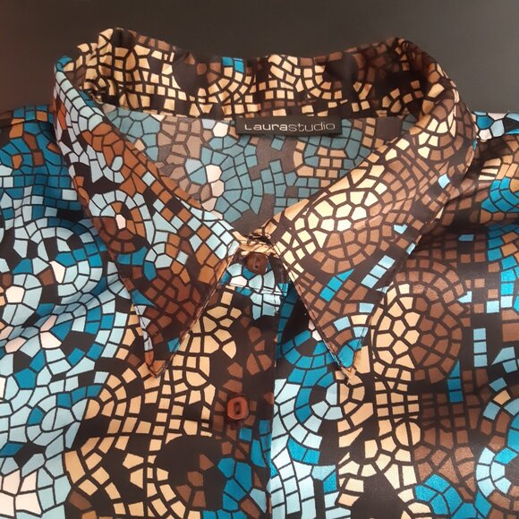 Laura Studio SZ18 Satin Finish Geometric Button Up Women's Shirt, Blues & Browns - Picture 9 of 15